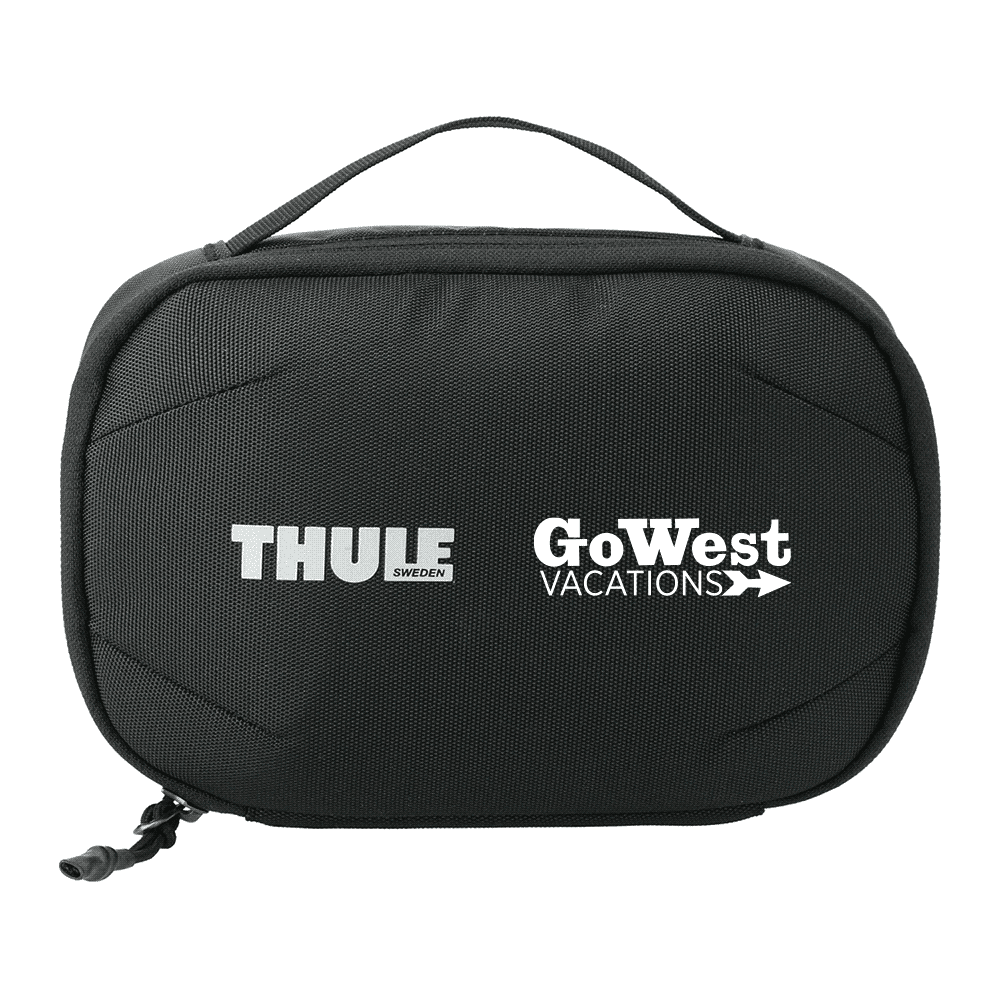 A black toiletry bag with a mesh pocket and zipper, featuring a handle for easy carrying.