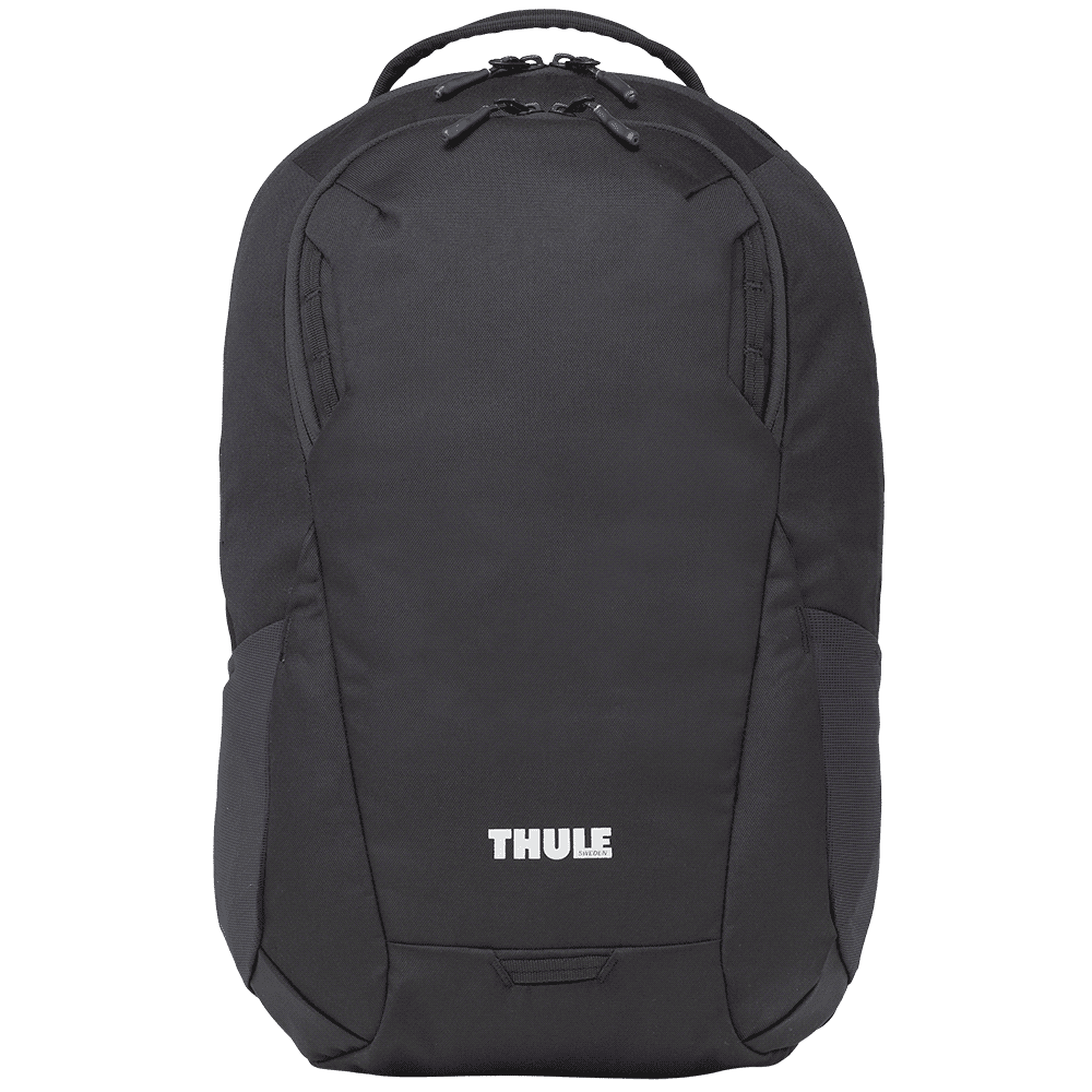 A black laptop backpack with a side pocket and a logo, set against a natural outdoor background.