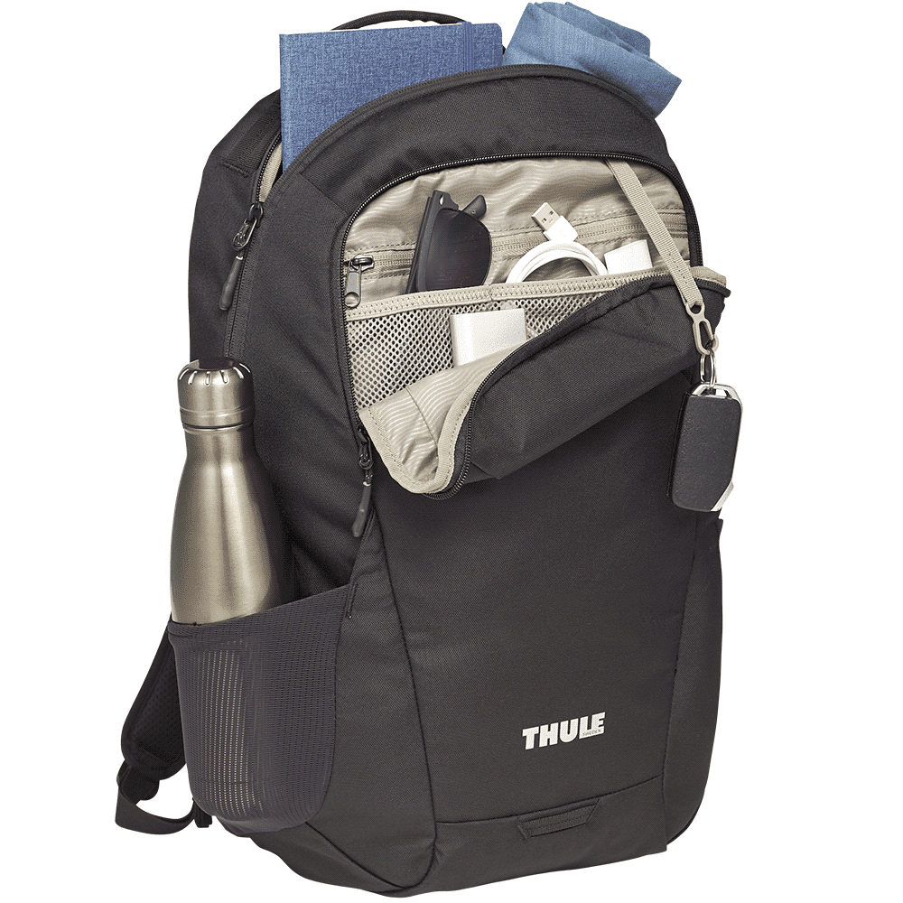 A black laptop backpack with various compartments, featuring a drink bottle and carrying a few items inside.