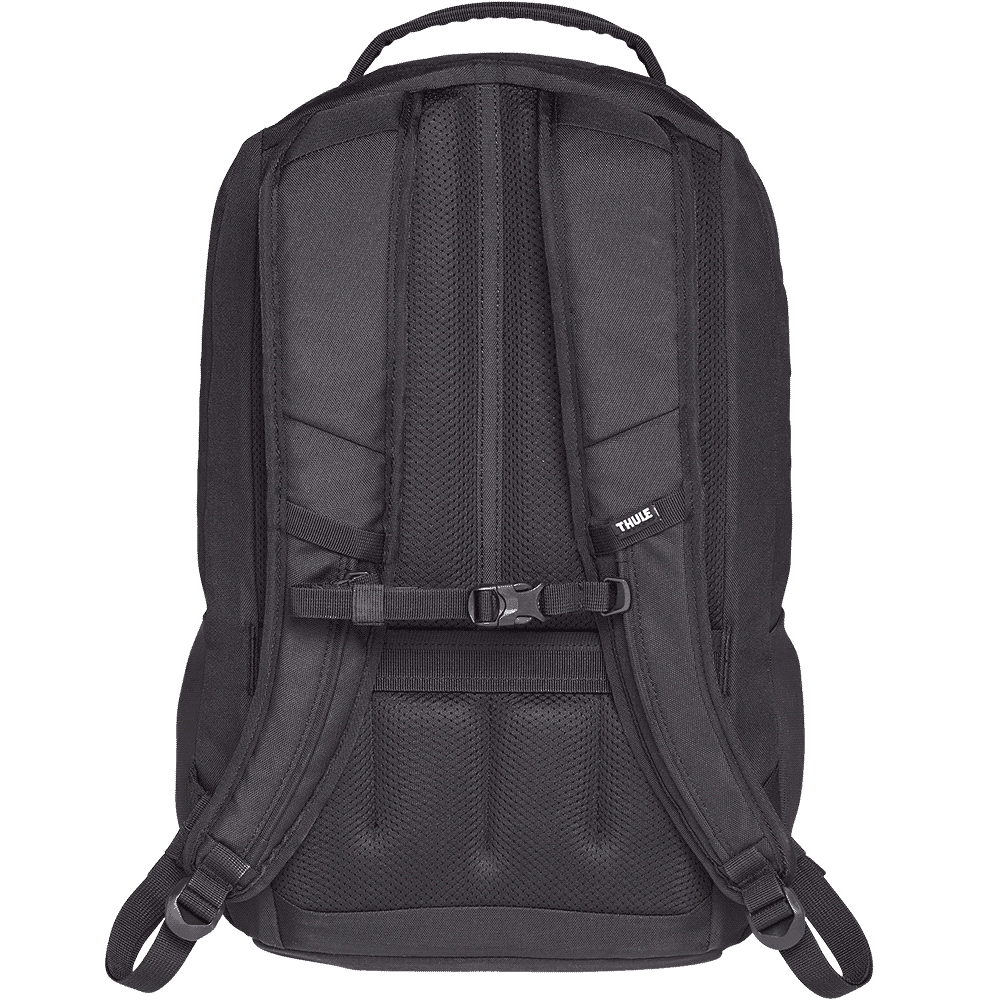 A black laptop backpack with a sleek design and featuring a logo on the front.