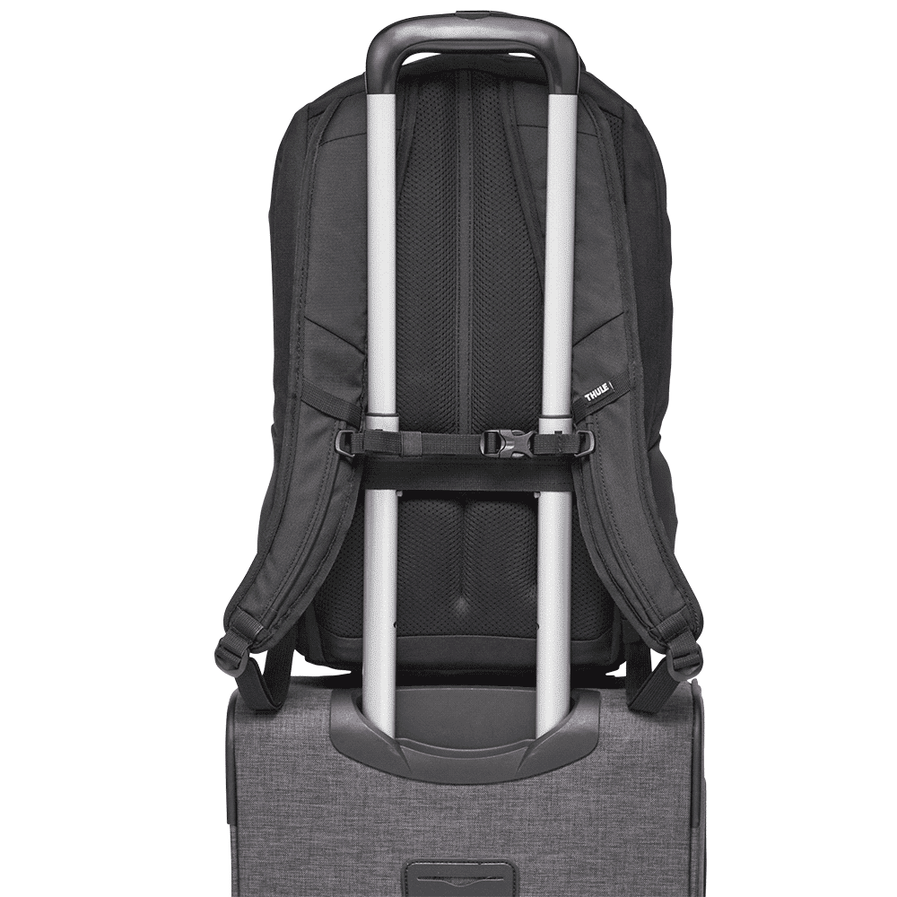 A black laptop backpack with padded straps and a sturdy design. It has a logo and features a mesh panel for ventilation.