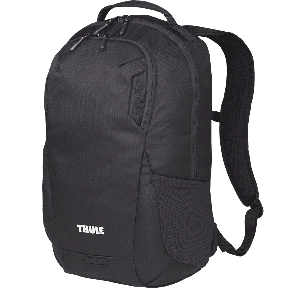 A black laptop backpack featuring padded shoulder straps and a zippered main compartment. It has a logo on the front.