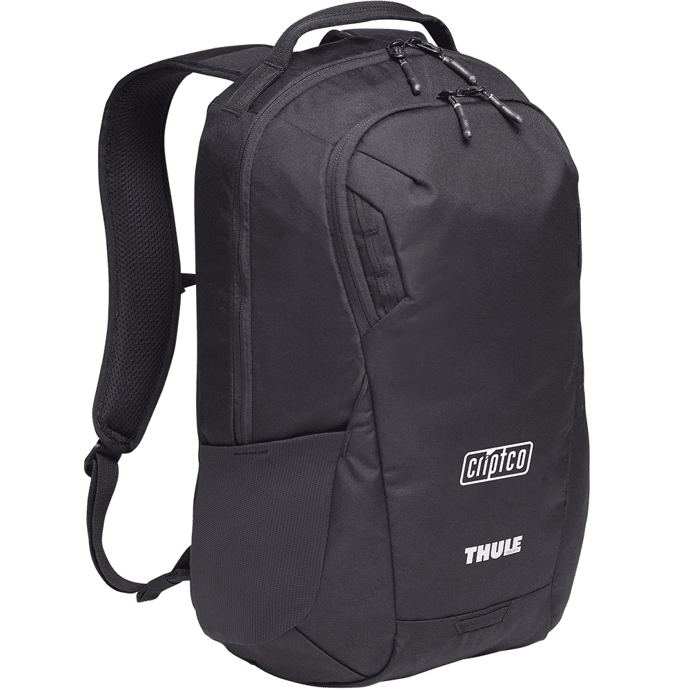 A black computer backpack with adjustable straps, featuring a trolley handle passthrough and ventilation panels.