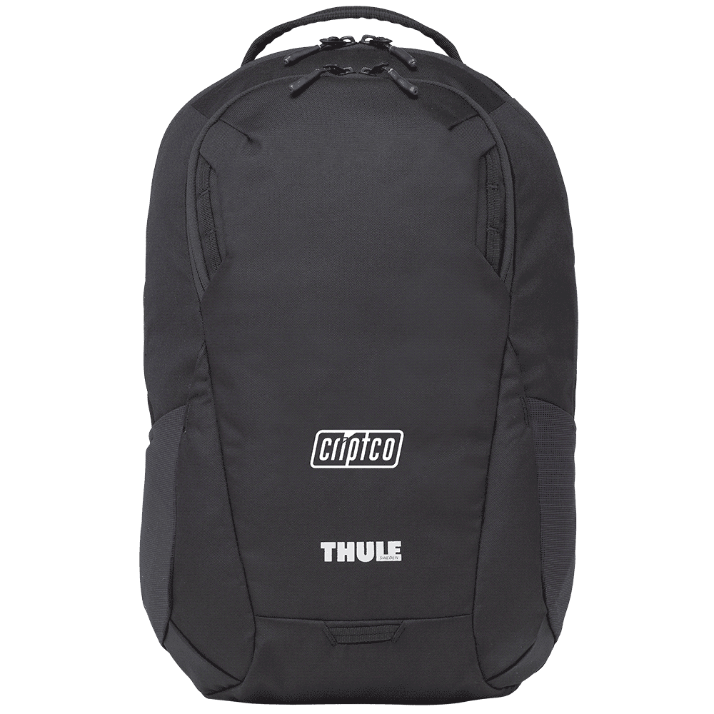 A black backpack with a sleek design, featuring padded straps and a side pocket. Includes branding.