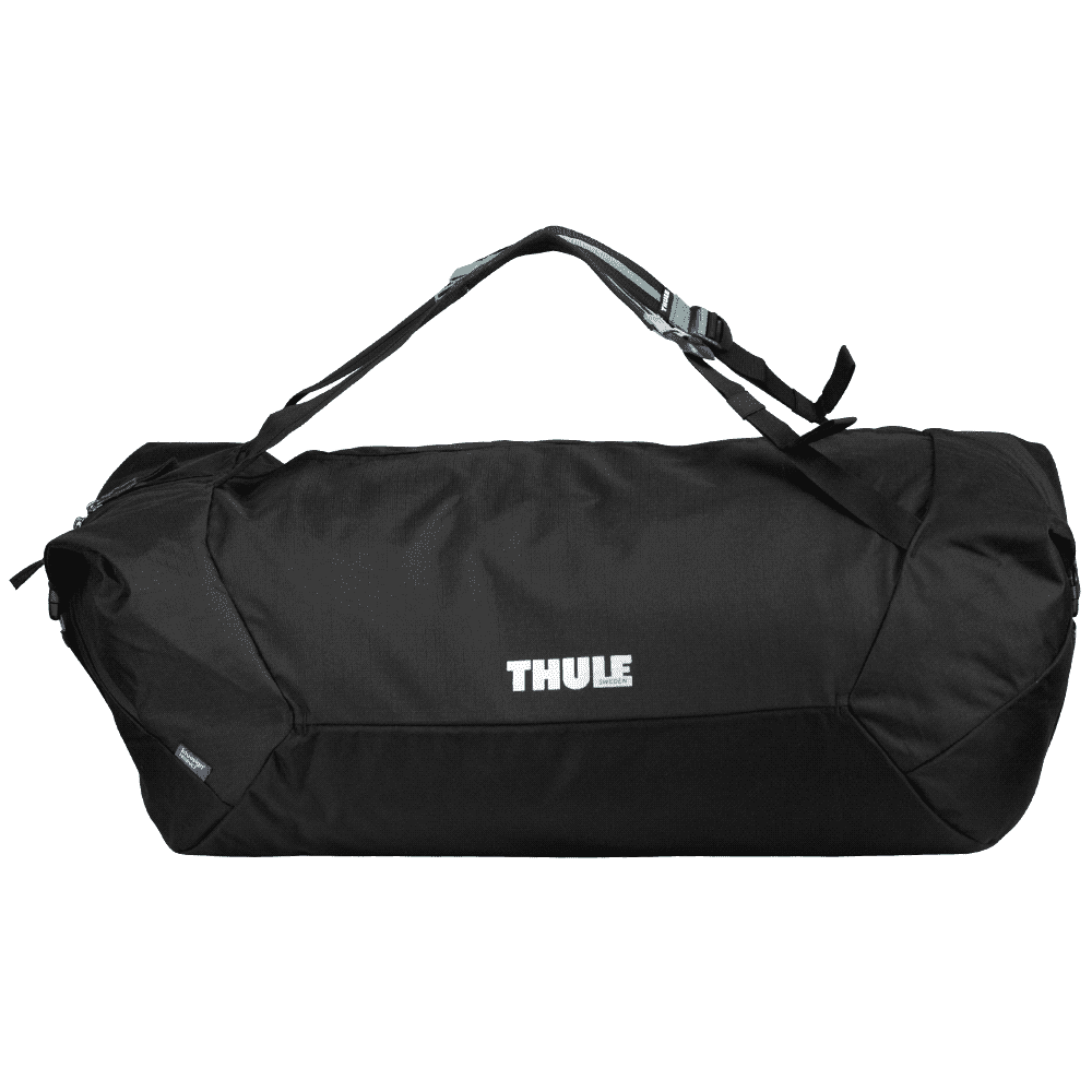 A black duffel bag with a mid blue accent and a logo. Features a shoulder strap for easy carrying.