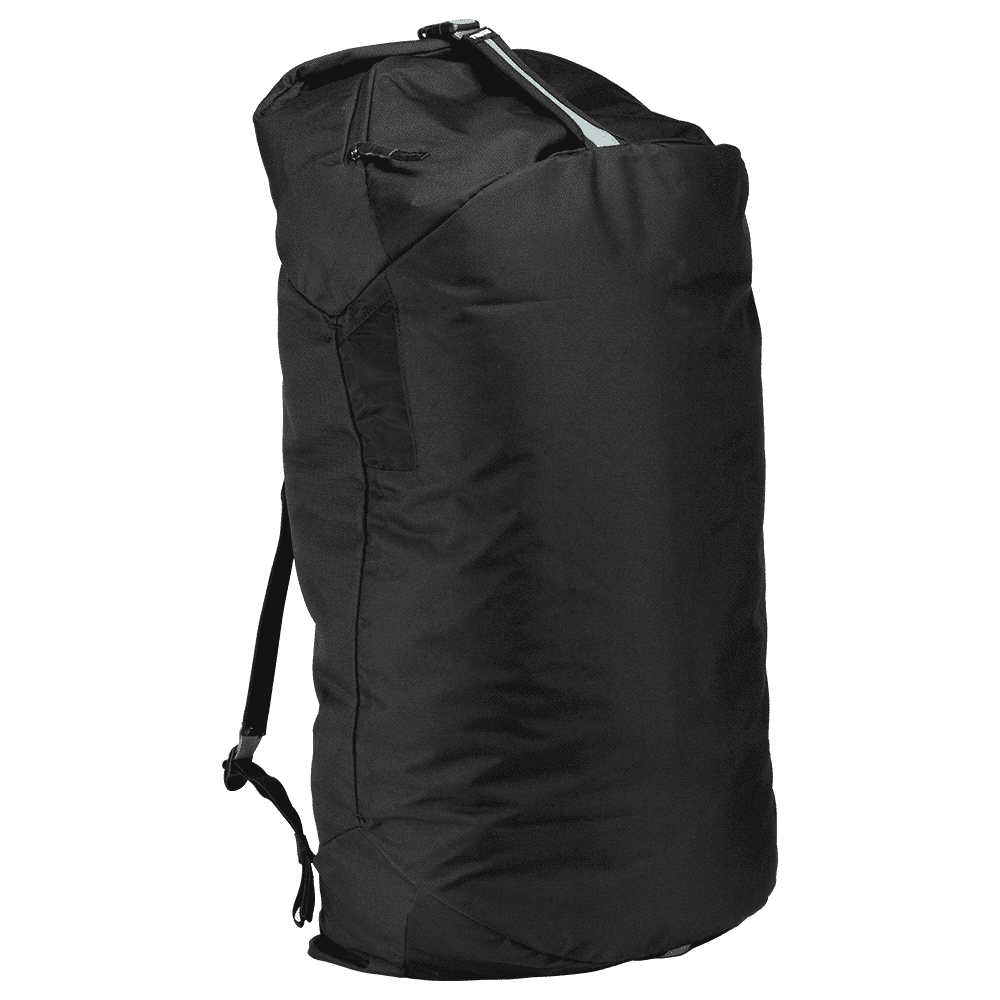 A black duffel bag with mid blue accents and a logo on the side.