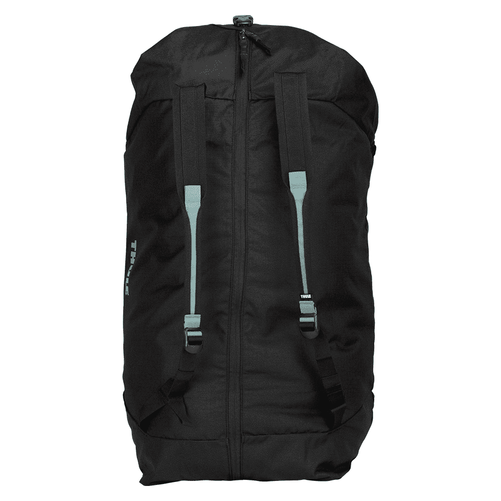 A black cargo duffel bag with a mid blue accent, featuring a top zipper and a simple design.