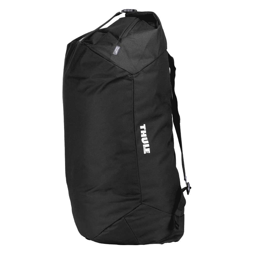A black Thule GoPack 28 Cargo Duffel with mid blue accents and shoulder straps. Features a logo.