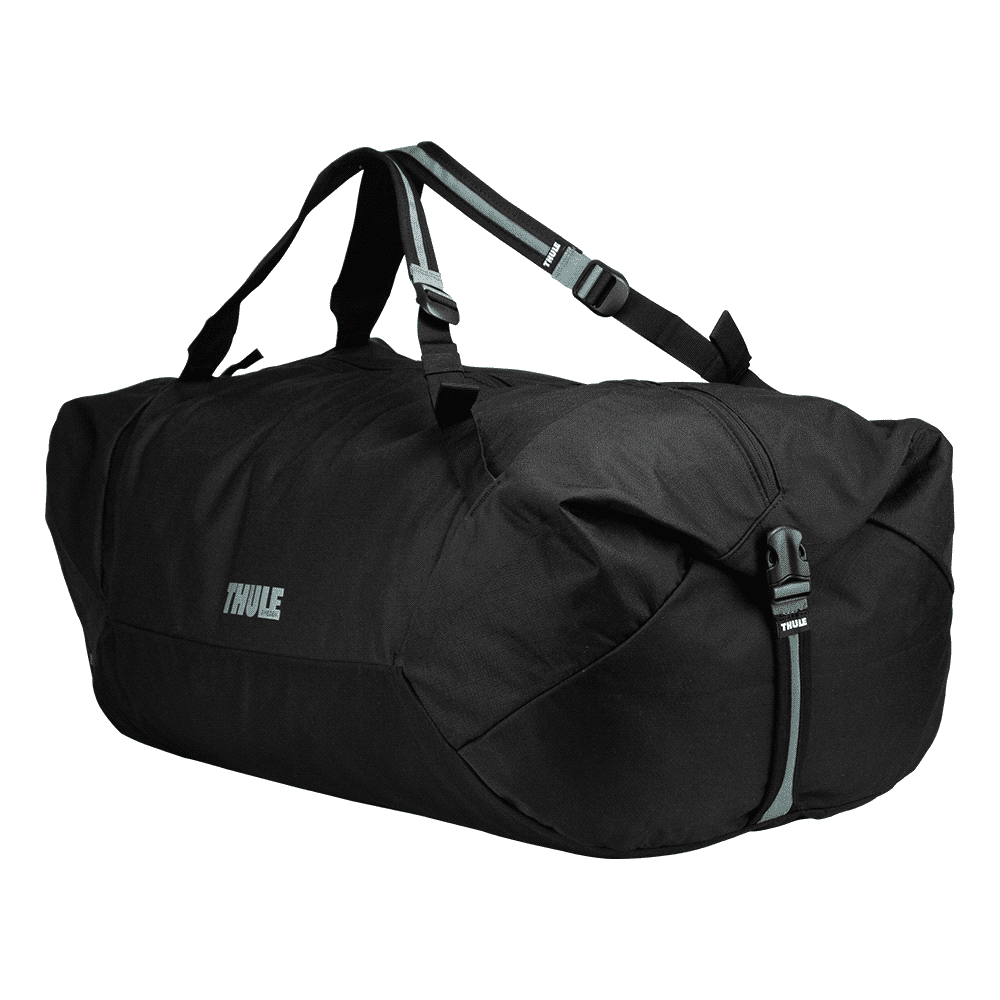 A black duffel bag with a mid blue accent, featuring a large opening and an orange interior. The bag has a logo.