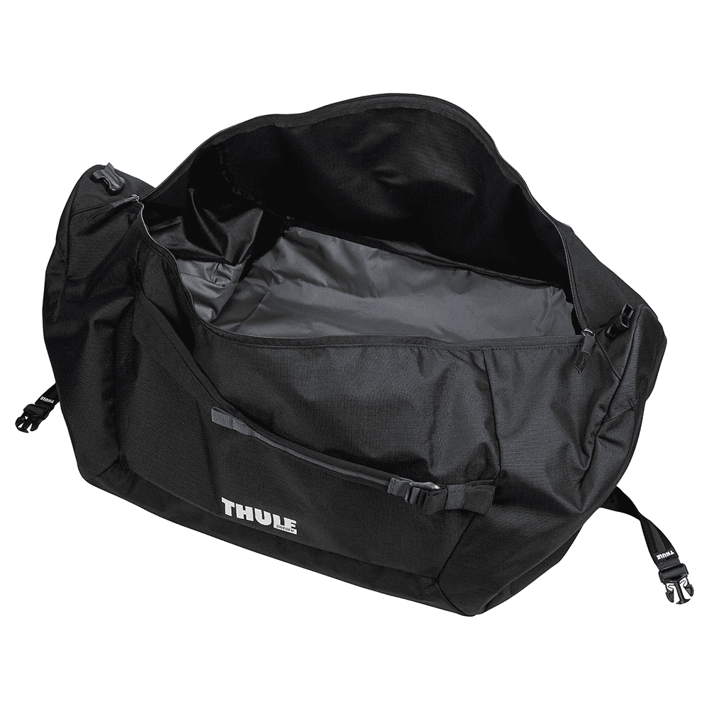 A black duffle bag with mid blue accents and a branding logo, featuring adjustable shoulder straps.
