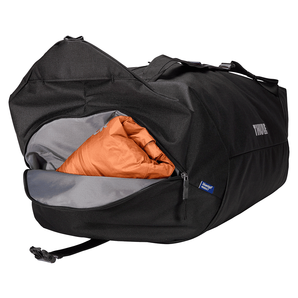 A black cargo duffel bag with mid blue accents and a branding logo on the front.