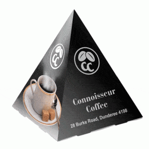 A black triangular promotional display with a coffee cup image and branding at the top.