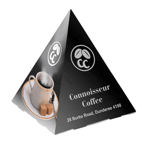 A black triangular promotional display with a coffee cup image and branding at the top.