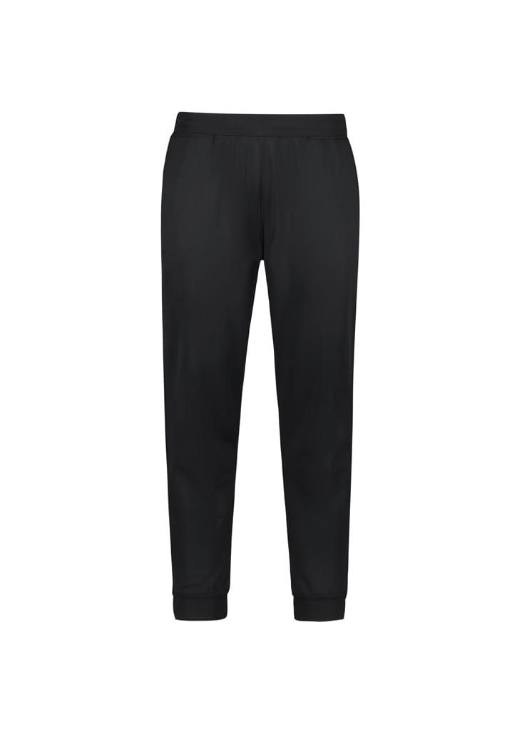 A pair of black track pants with a tapered fit and elastic cuffs, featuring a logo on the waistband.