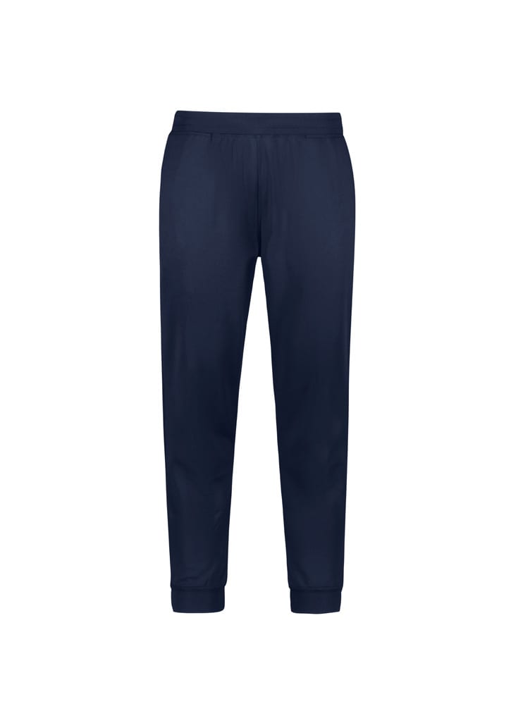 Navy track pants featuring an elastic waistband and cuffs, with a logo on the front.