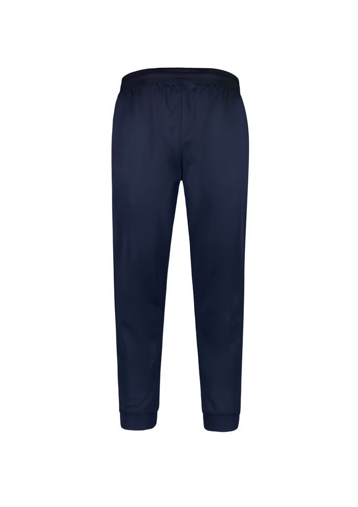 A pair of navy track pants with an elastic waistband and cuffs, featuring a logo.