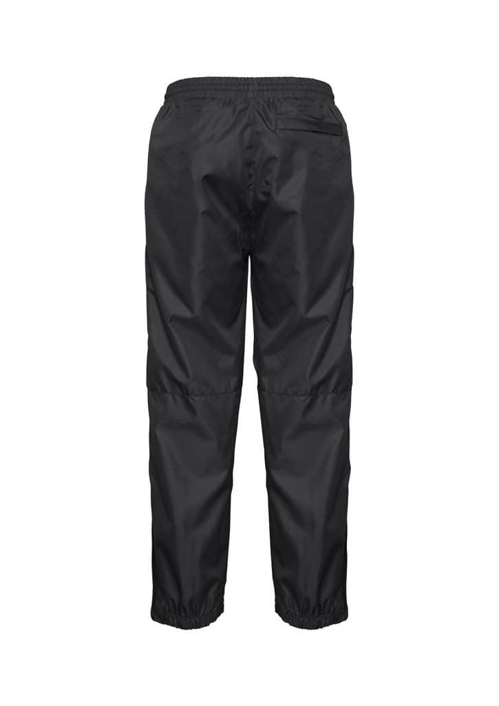 Black track pants with an elastic waistband and gathered cuffs, featuring a branding logo.