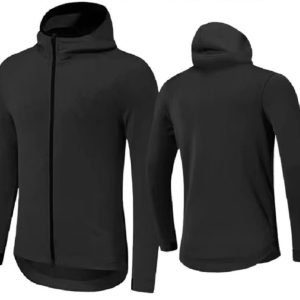 A black hoodie featuring a zip-front design and a hood, showcasing both front and back views.