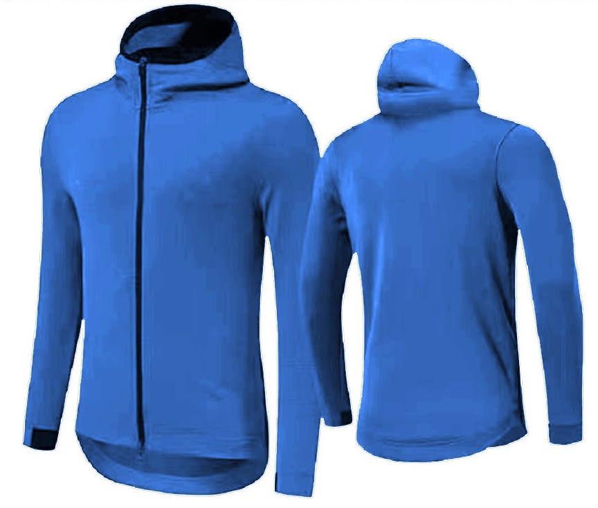 A blue hoodie with a zip front and a hood, featuring long sleeves and a sleek design. It has a logo on the front.