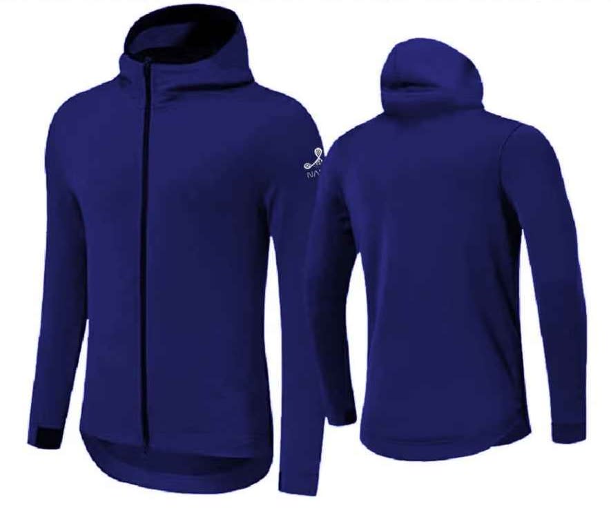 A navy blue hoodie with a zip front and high collar, featuring a logo on the sleeve.