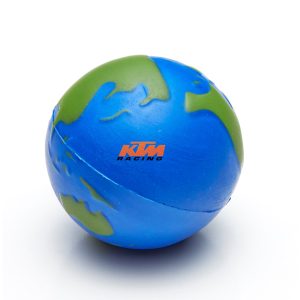 A blue and green stress ball designed like a globe, featuring a logo on its surface.