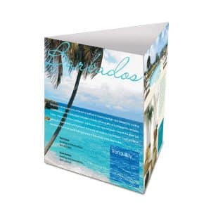 A triangular table tent featuring tropical beach scenery in shades of blue and green, with a logo at the top.