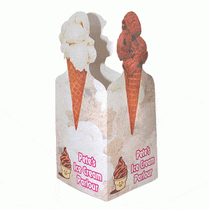 A table tent featuring a cone with scoops of ice cream, primarily in white and brown colours, with a branding logo.