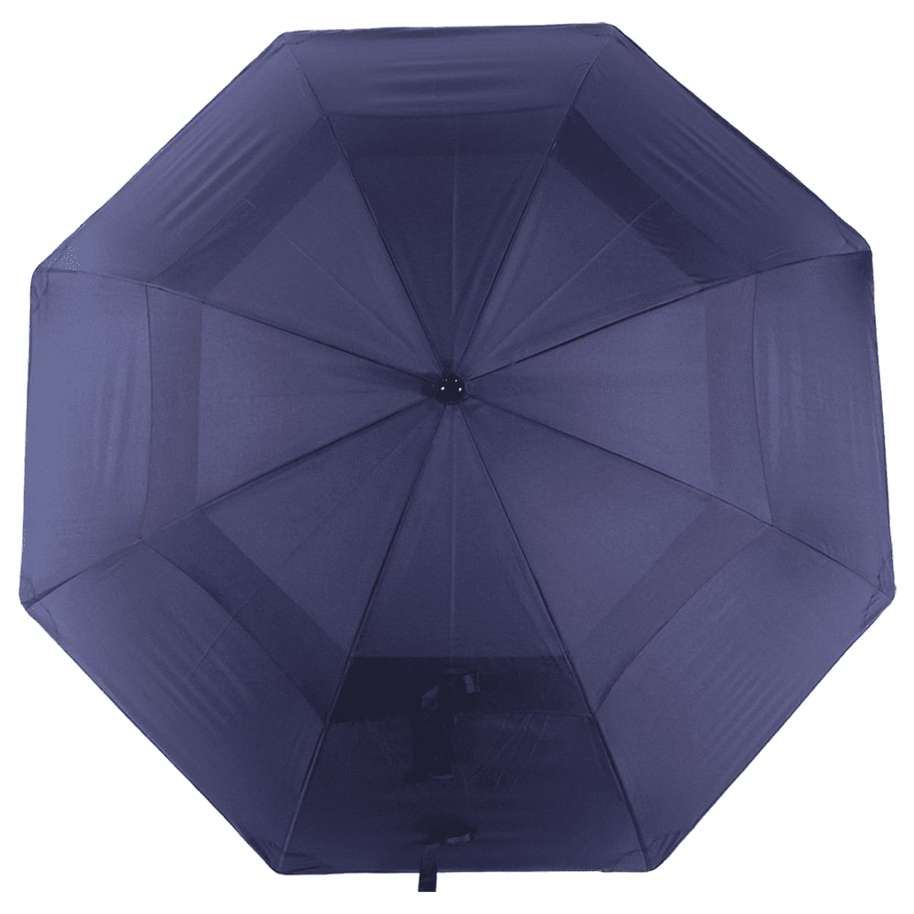 A navy blue vented tipless golf umbrella with an octagonal shape and a central opening mechanism.