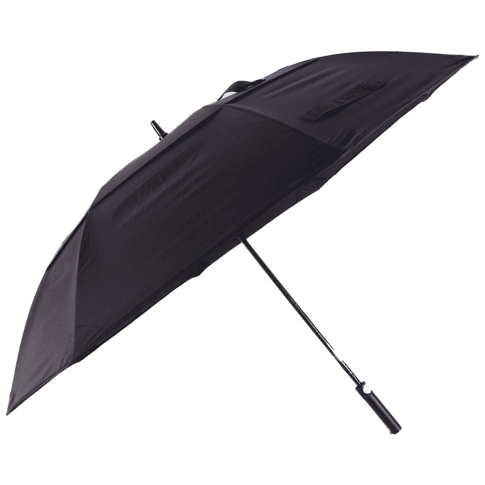 A black vented golf umbrella featuring a logo with a gear design.