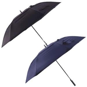A 60" vented tipless golf umbrella in black and navy, featuring a sleek design and a handle with a logo.