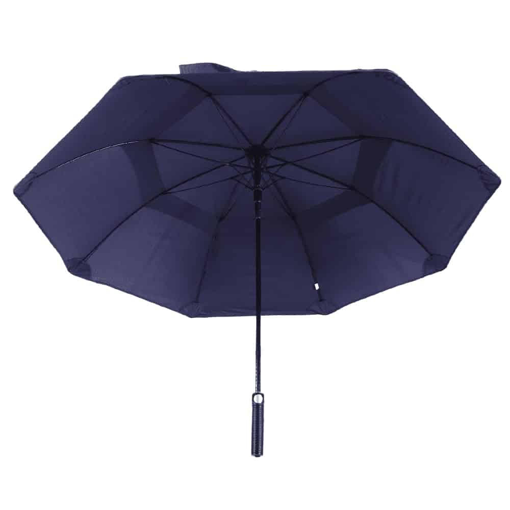 A navy blue vented tipless golf umbrella with a sturdy frame and handle, featuring a logo.