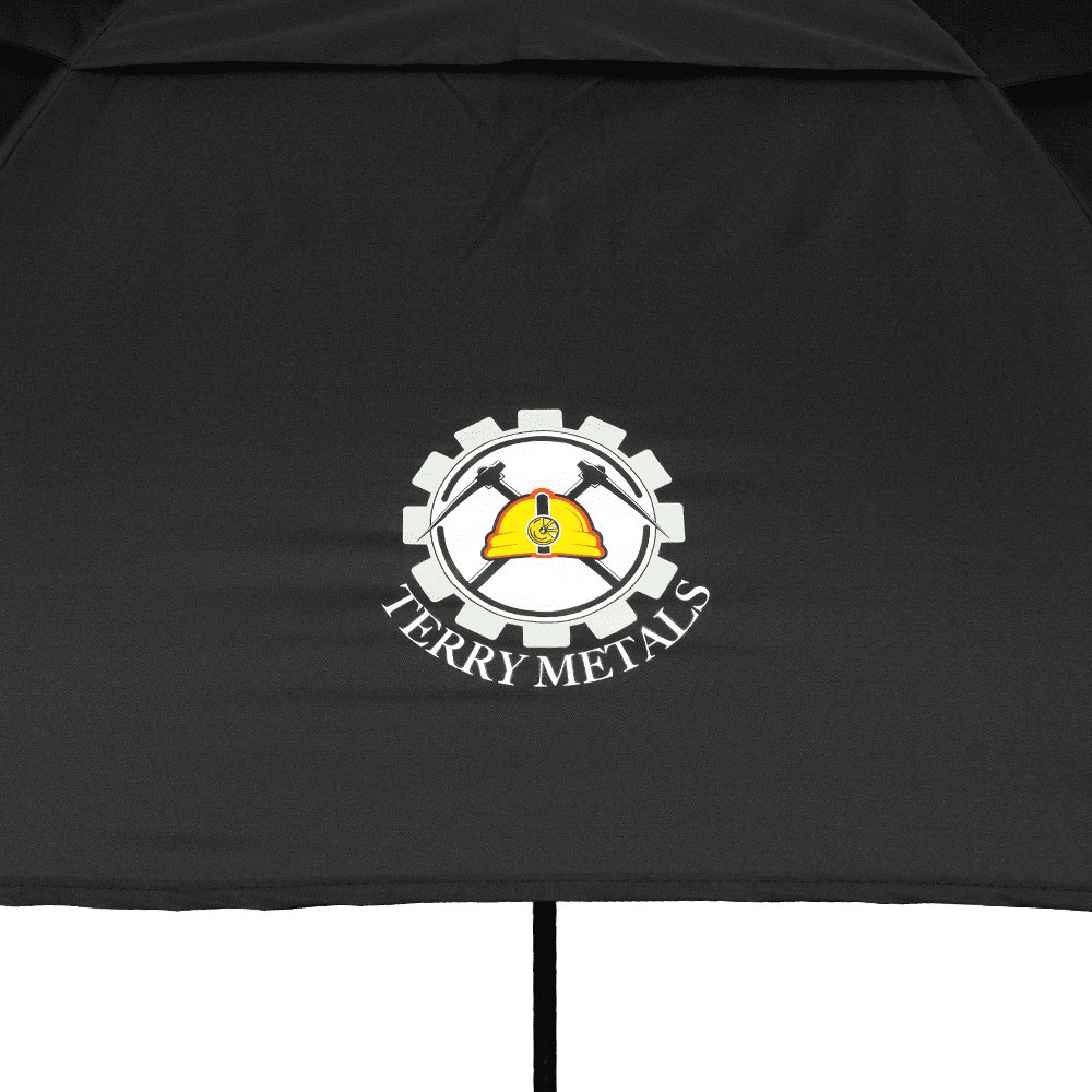 A black vented tipless golf umbrella with a sturdy handle, showcasing its fabric and structure.