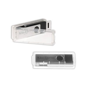 A clear USB drive case with a black USB drive inside. The case has a logo on it.