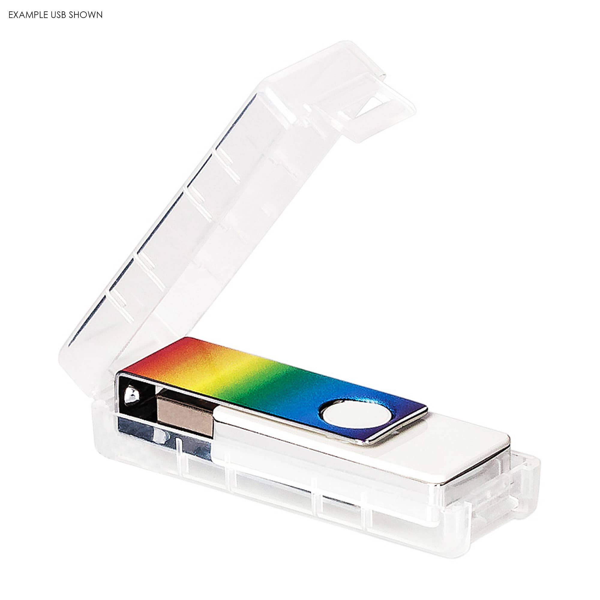 A transparent USB drive case with a rainbow gradient USB stick inside. The case is partially open.