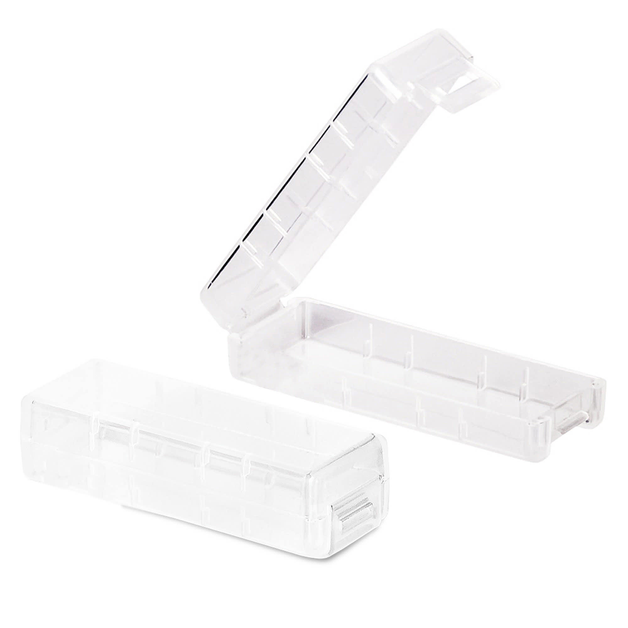A translucent clear USB drive case with a hinged lid and a compartment for multiple drives.