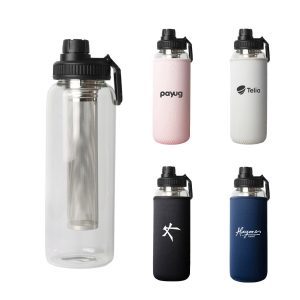 A drink bottle with a clear body, stainless steel infuser, and multiple coloured sleeves, featuring various logos.
