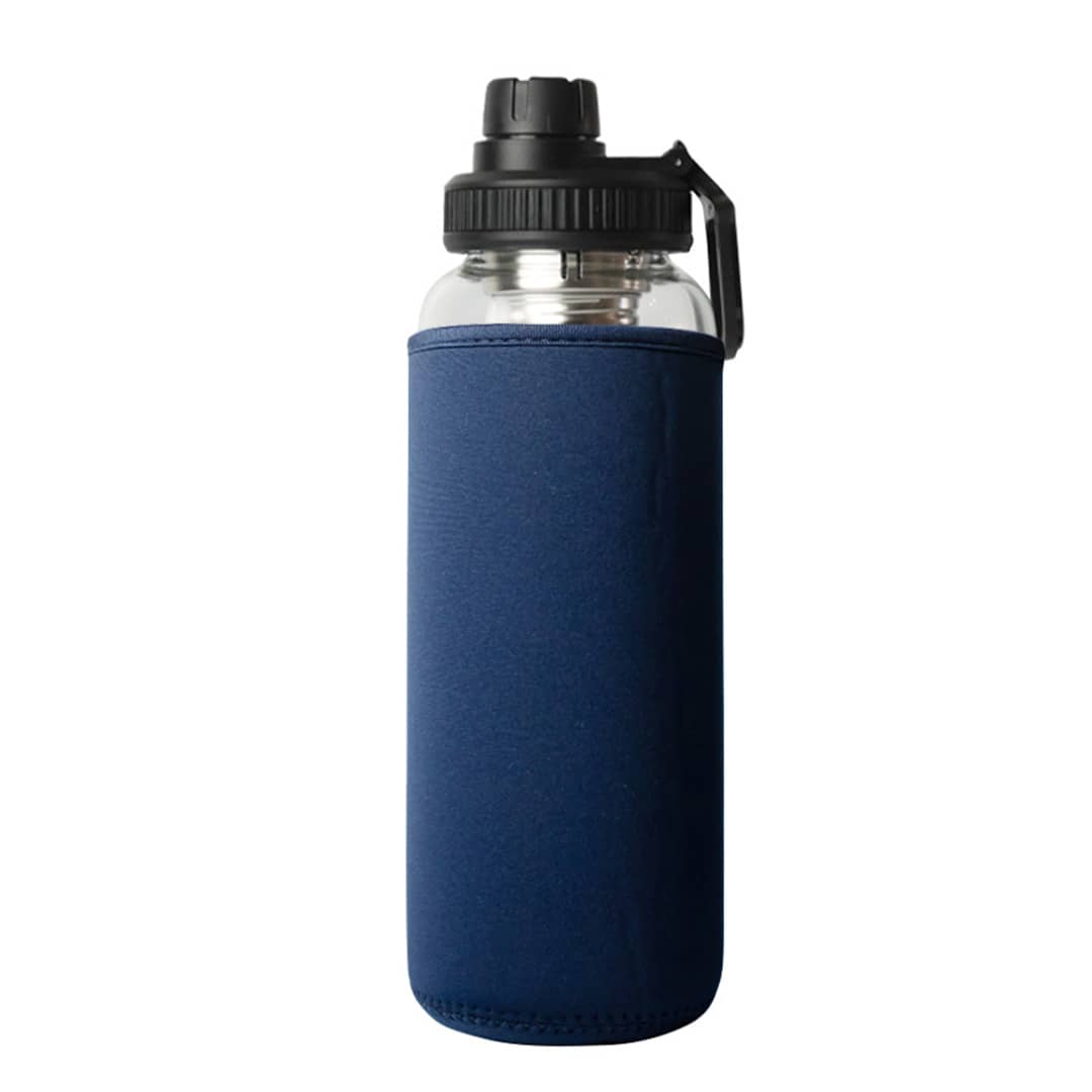 A drink bottle with a navy blue sleeve, a black lid, and a clear glass body, featuring a logo.