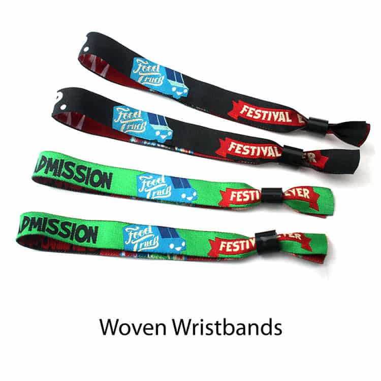 Fabric wristbands in black, green, and red featuring various designs and a logo, suitable for events.
