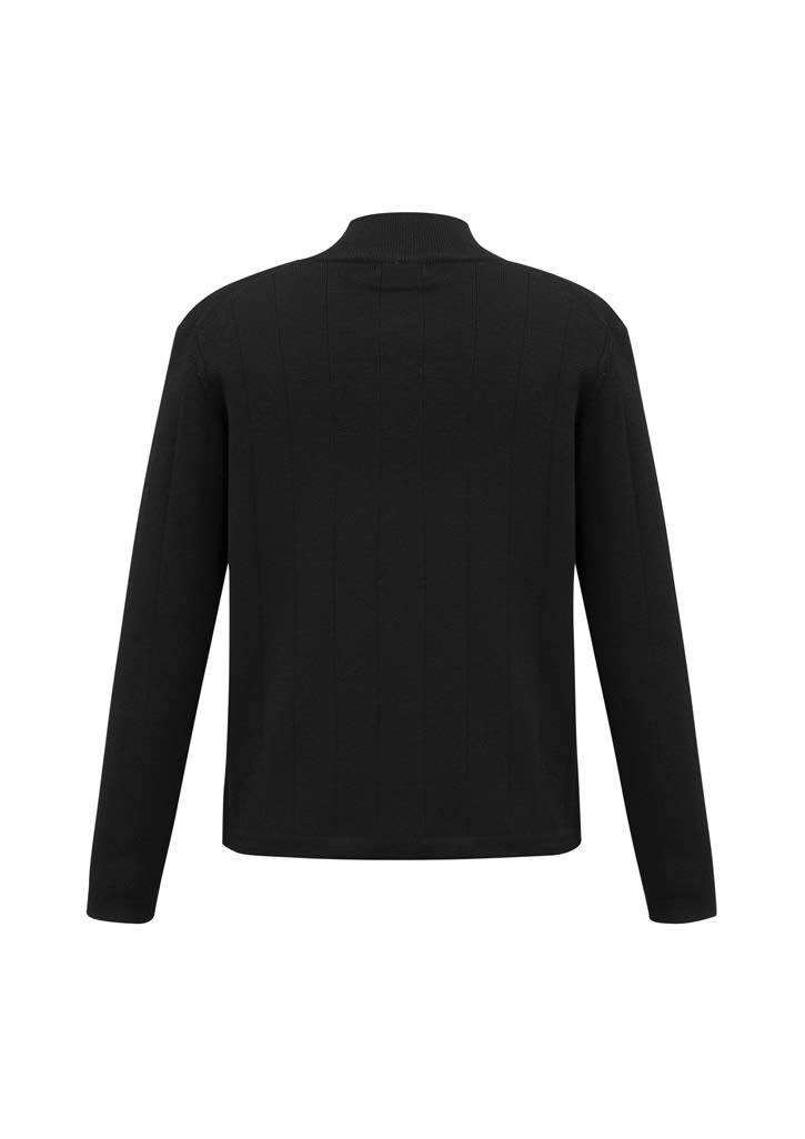 A black wool pullover with a ribbed texture and a collar, featuring a logo. The back view displays long sleeves.
