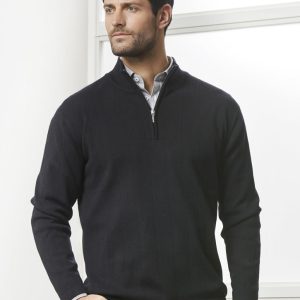 A black 80/20 wool pullover with a zip neck, featured on a male model against a light background.