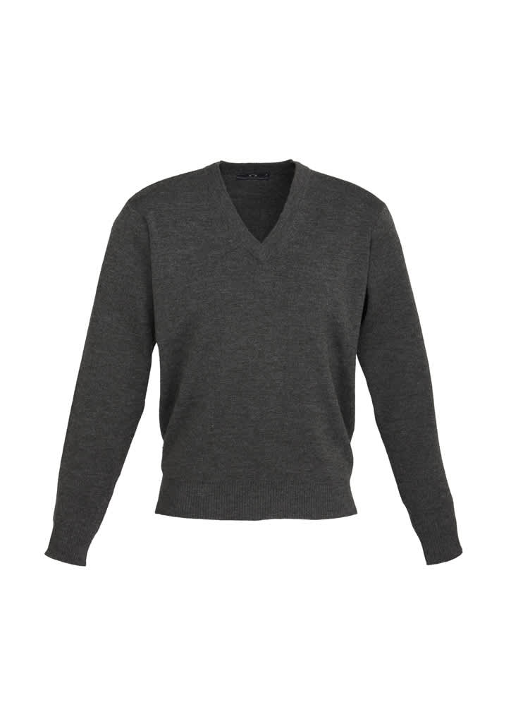 A dark grey men's woolmix knit pullover with a V-neck and long sleeves. It features a logo on the garment.
