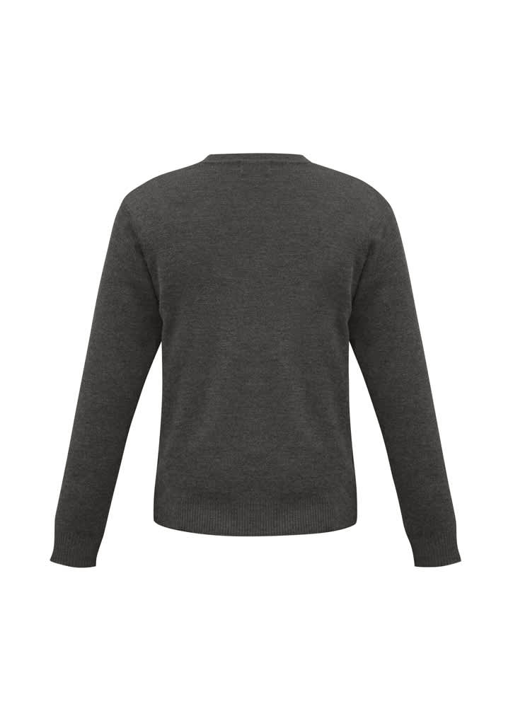 A grey knitted pullover featuring long sleeves and a round neckline, with a simple, unbranded design.