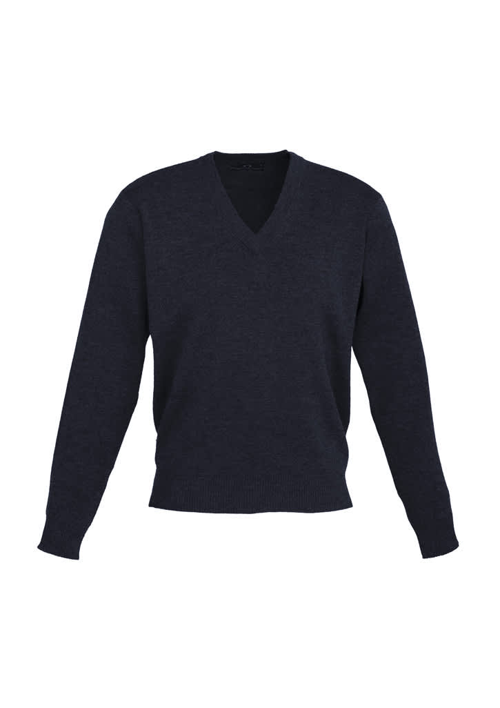 A dark grey knitted pullover featuring a V-neck design and long sleeves, with a brand logo present.