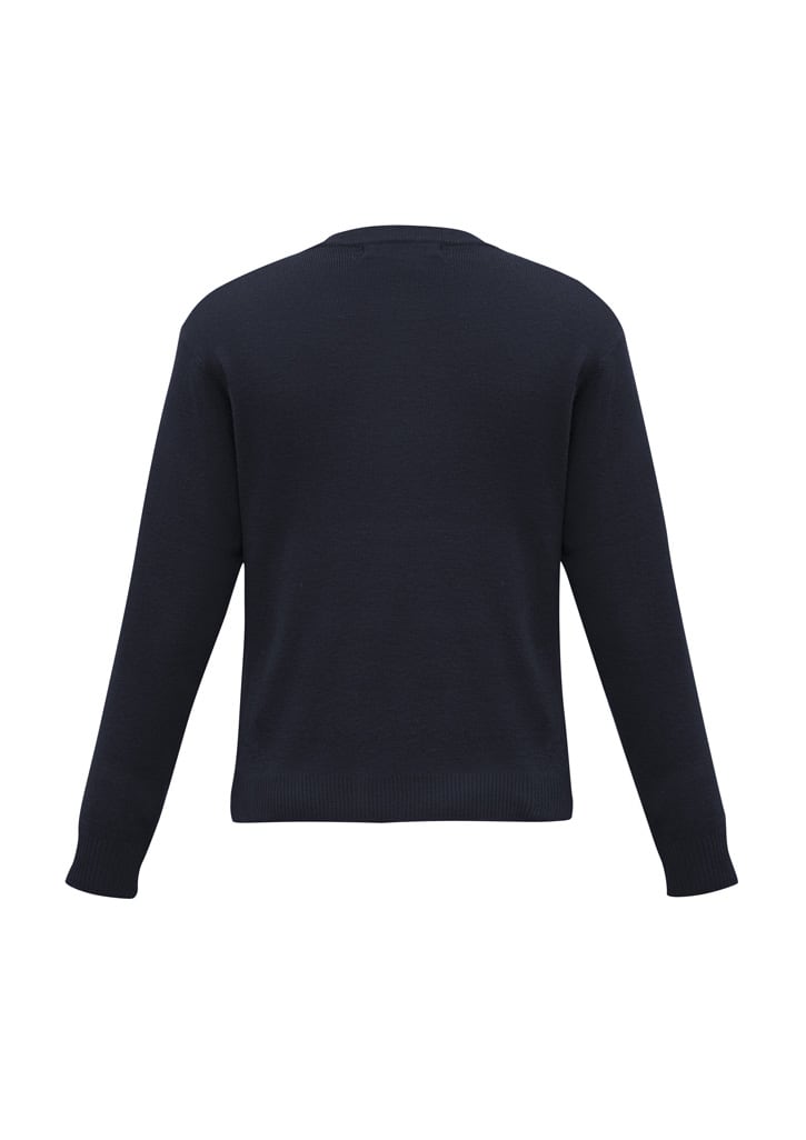 A dark navy wool-mix knitted pullover with long sleeves and a crew neck. It has a logo on the back.