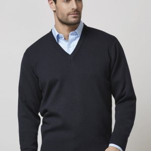 A men's woolmix knit pullover in navy blue, featuring a V-neck and ribbed cuffs and hem. It includes a logo.