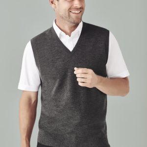 A dark grey men's vest with a V-neck design, worn over a white short-sleeved shirt. Features a branding logo.
