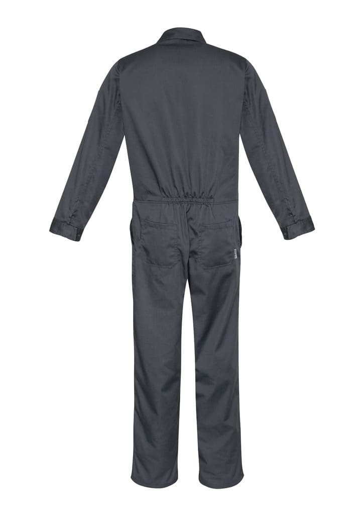 A grey men's service overall featuring long sleeves and an elastic waist, with pockets and branding visible.