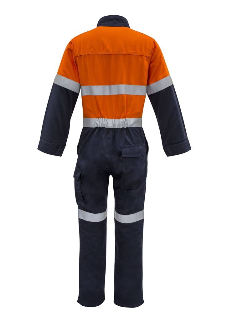 An orange and navy overall with hoop taping, featuring reflective stripes and pockets, suitable for workwear.