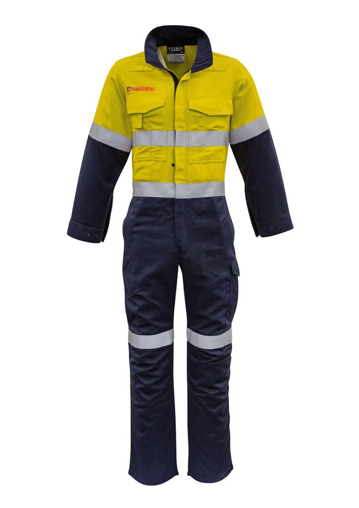 A men's overall featuring a bright yellow and navy design with reflective hoop tape. It has a logo on the chest.