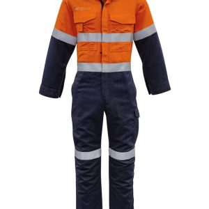 An orange and navy overall designed for workwear, featuring hoop-taped reflective stripes and a logo.